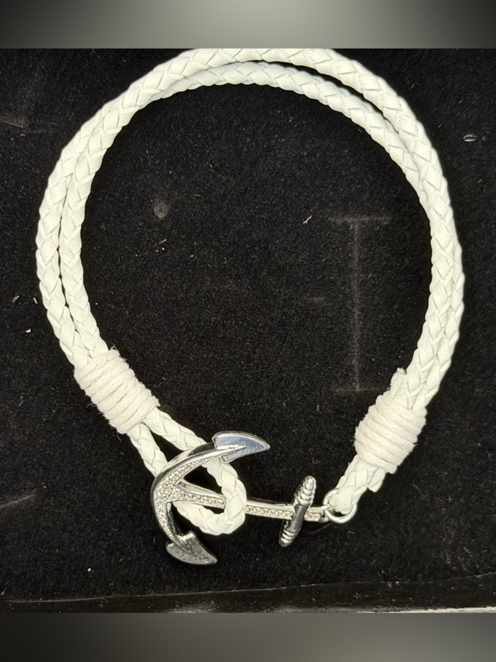 White Braided Leather Bracelet with Rhinestone Anchor Clasp
